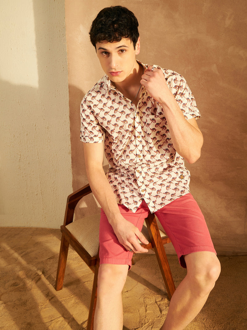 Cream: Half Sleeves Block Printed Shirt