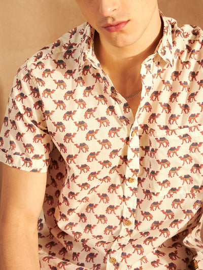 Cream: Half Sleeves Block Printed Shirt