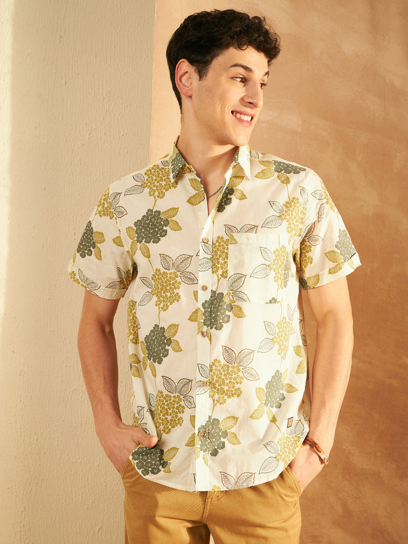 Cream: Half Sleeves Block Printed Shirt