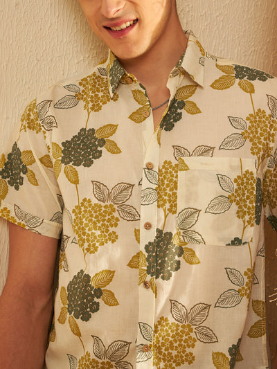 Cream: Half Sleeves Block Printed Shirt
