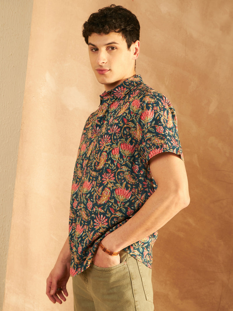 Blue: Half Sleeves Block Printed Shirt