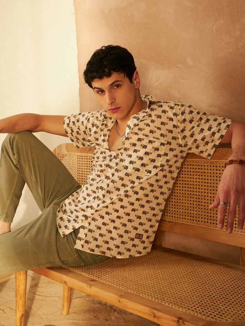 Cream & Mustard: Half Sleeves Block Printed Shirt