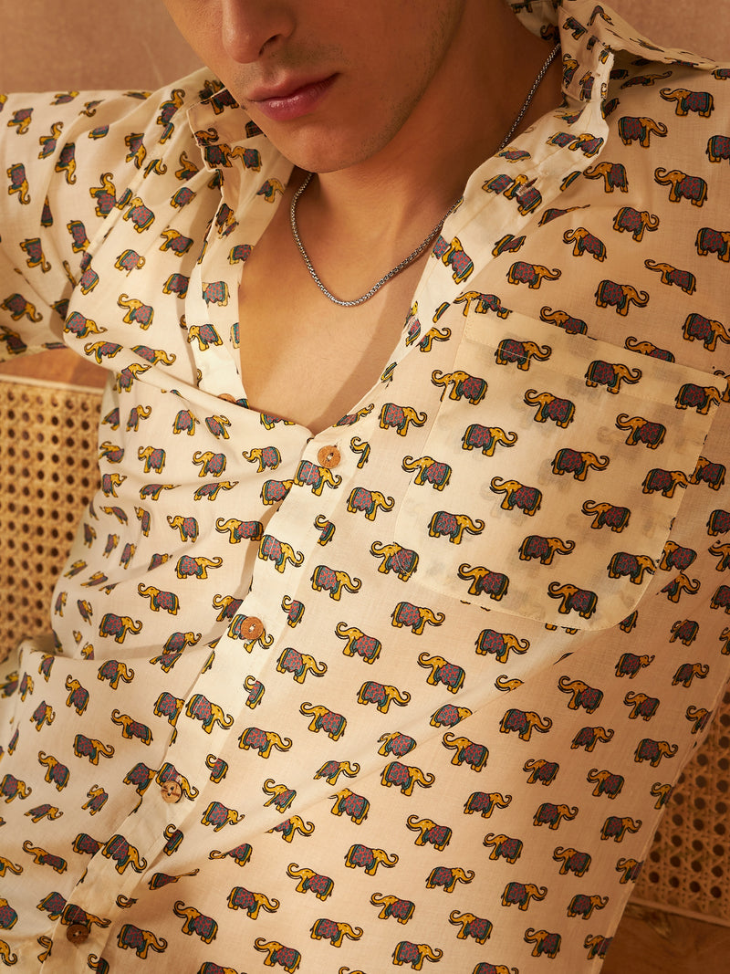 Cream & Mustard: Half Sleeves Block Printed Shirt