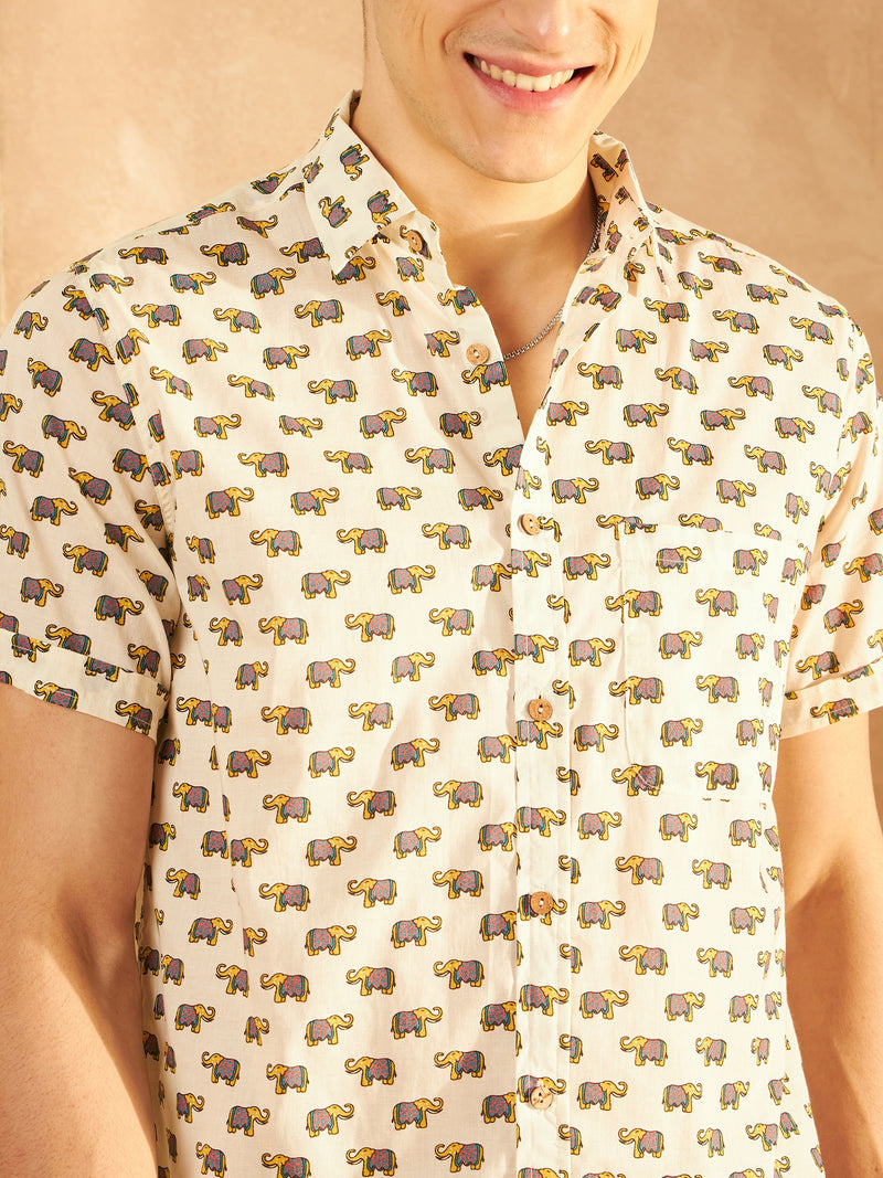 Cream & Mustard: Half Sleeves Block Printed Shirt