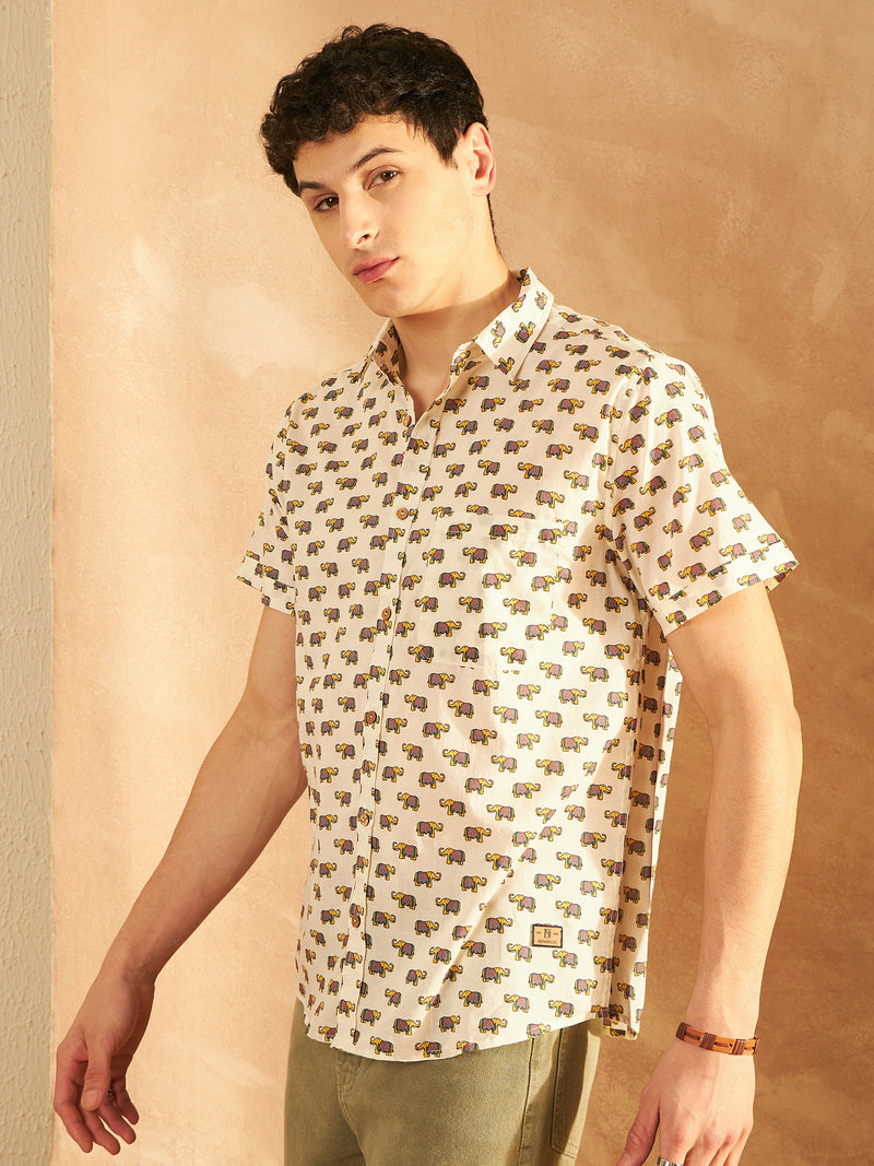 Cream & Mustard: Half Sleeves Block Printed Shirt