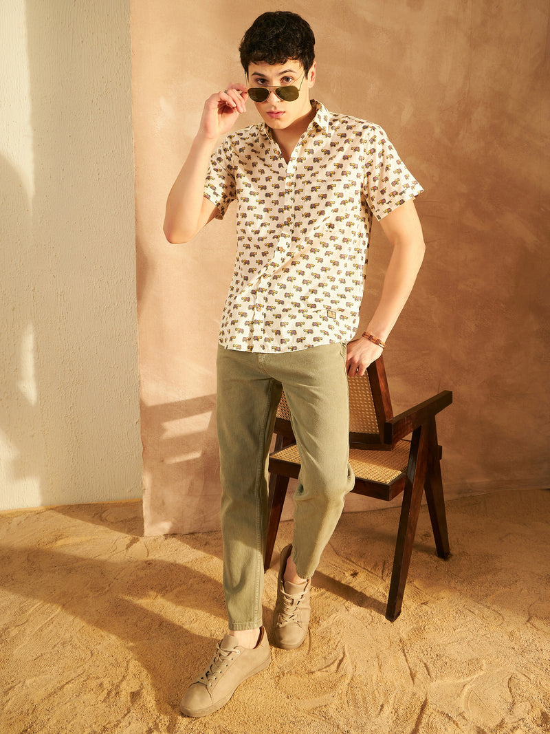 Cream & Mustard: Half Sleeves Block Printed Shirt