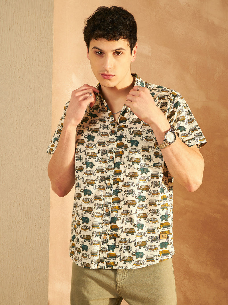 Cream & Mustard: Half Sleeves Block Printed Shirt