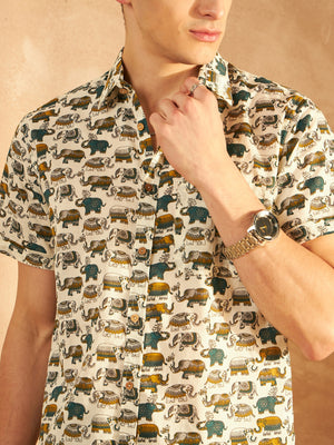 Cream & Mustard: Half Sleeves Block Printed Shirt