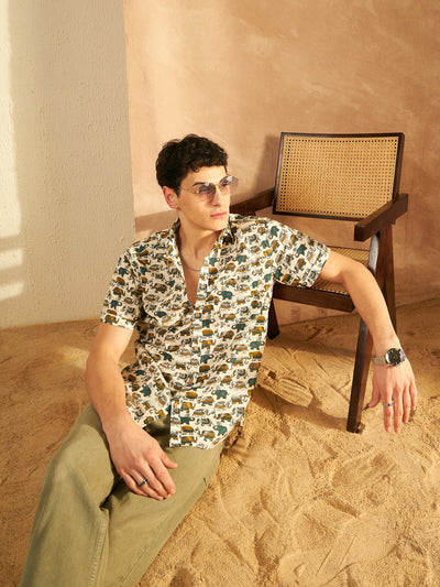 Cream & Mustard: Half Sleeves Block Printed Shirt