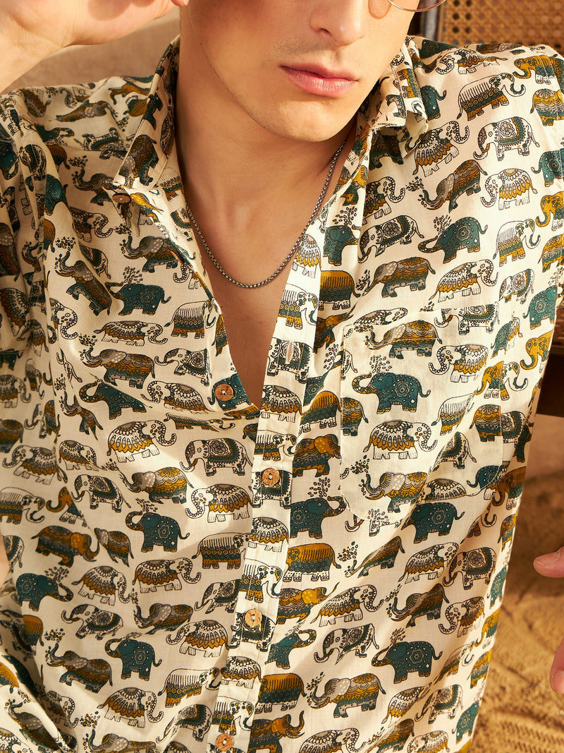 Cream & Mustard: Half Sleeves Block Printed Shirt
