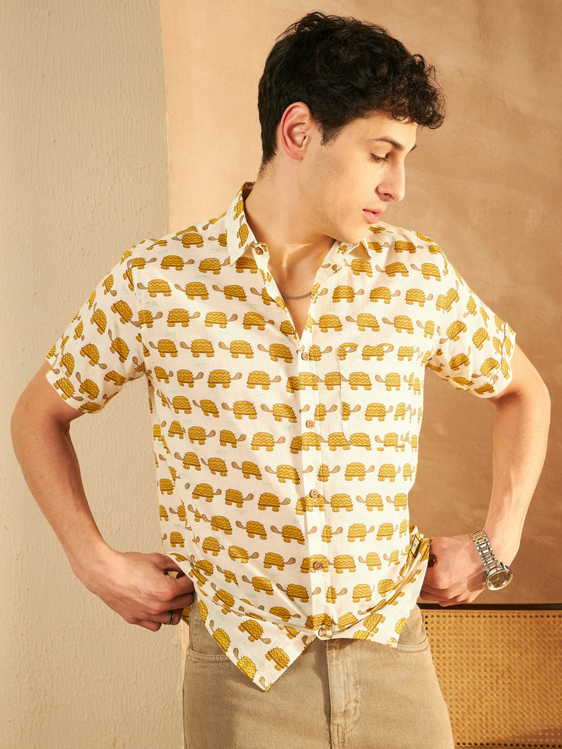 Cream: Half Sleeves Block Printed Cotton Shirt