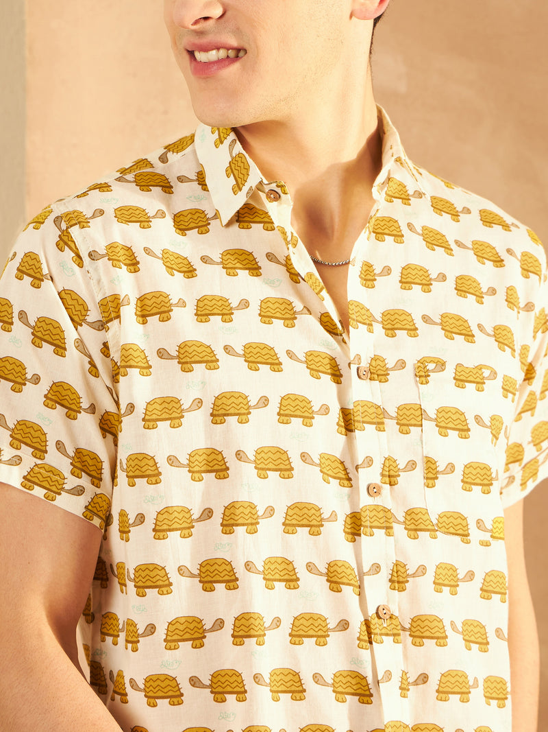 Cream: Half Sleeves Block Printed Cotton Shirt