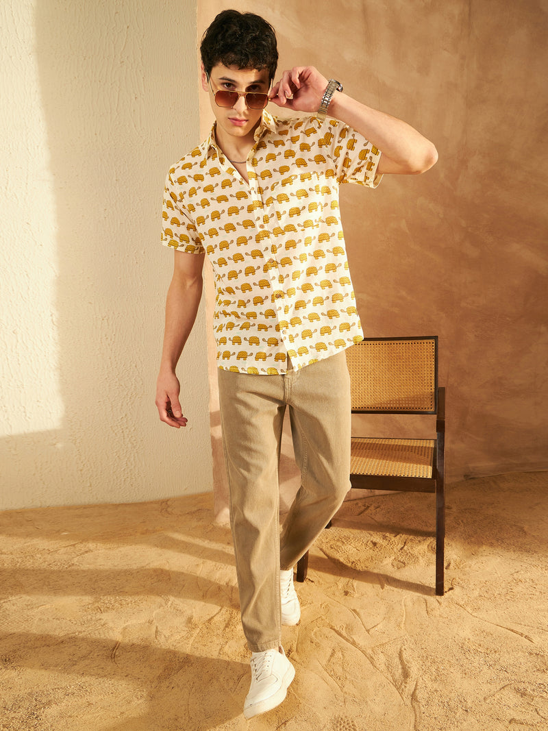 Cream: Half Sleeves Block Printed Cotton Shirt