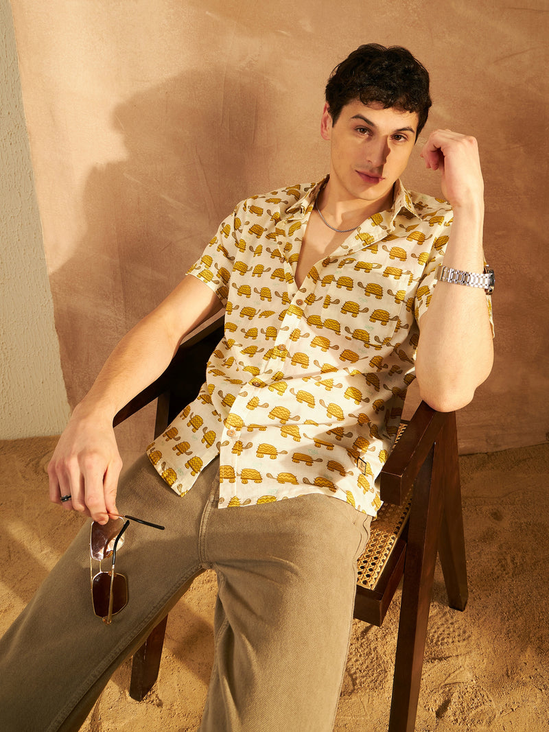 Cream: Half Sleeves Block Printed Cotton Shirt