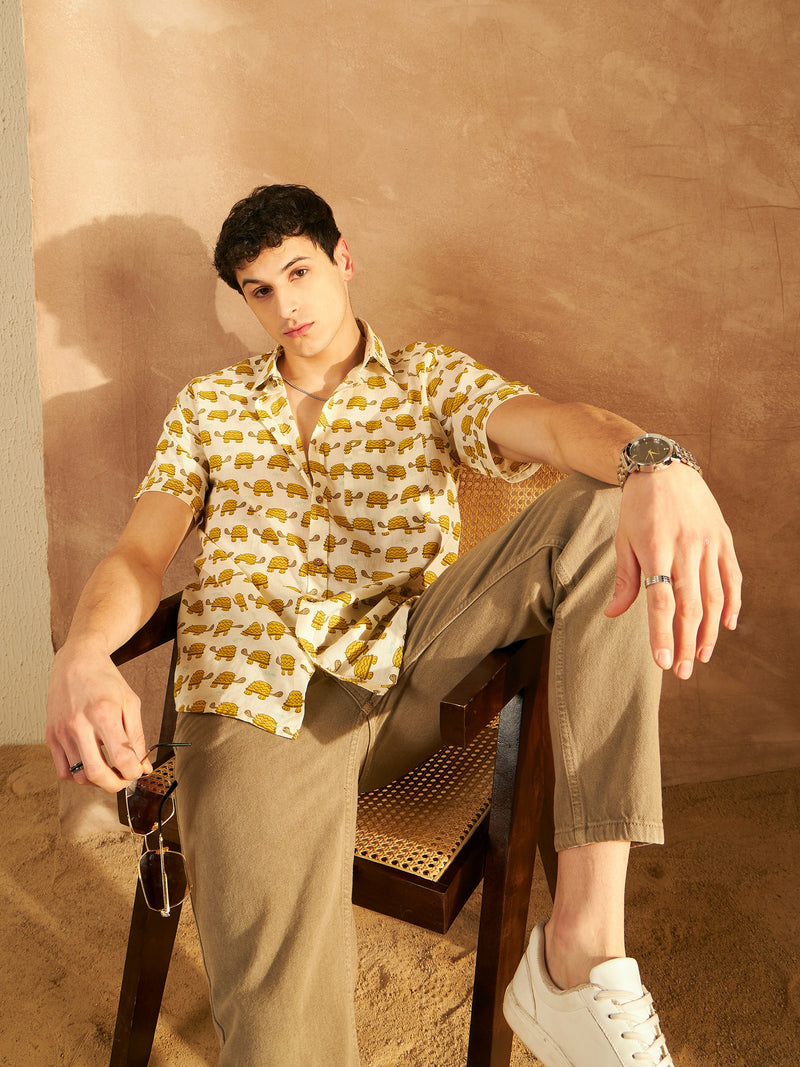 Cream: Half Sleeves Block Printed Cotton Shirt