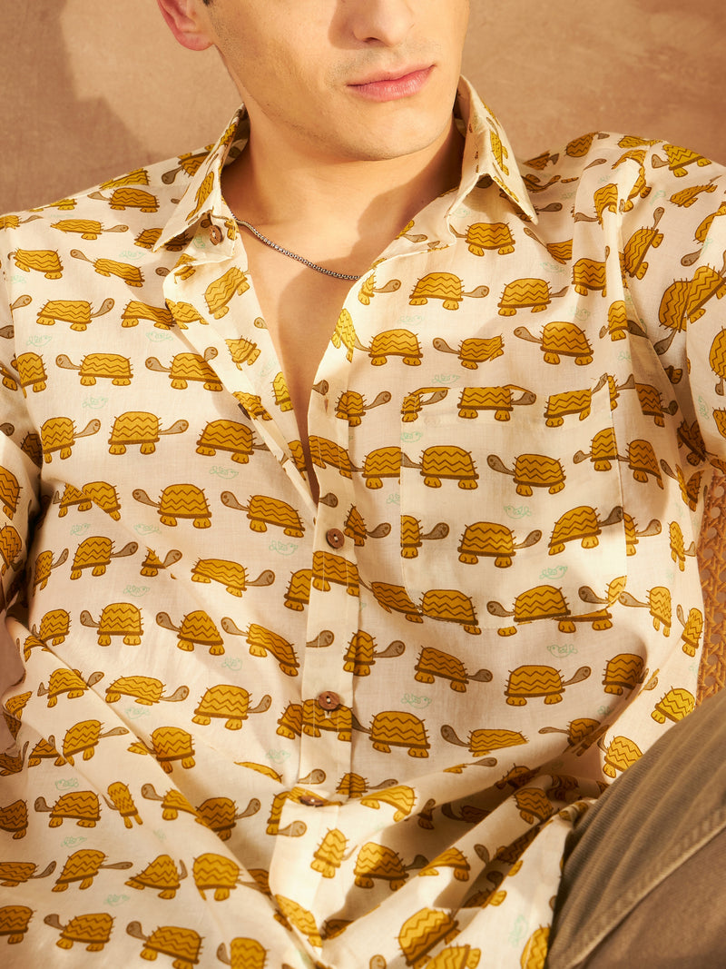 Cream: Half Sleeves Block Printed Cotton Shirt