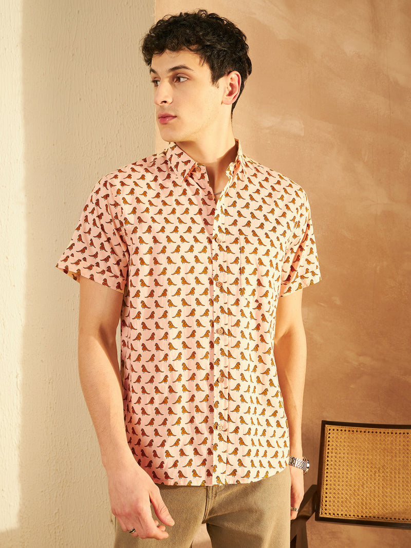 Peach: Half Sleeves Block Printed Shirt