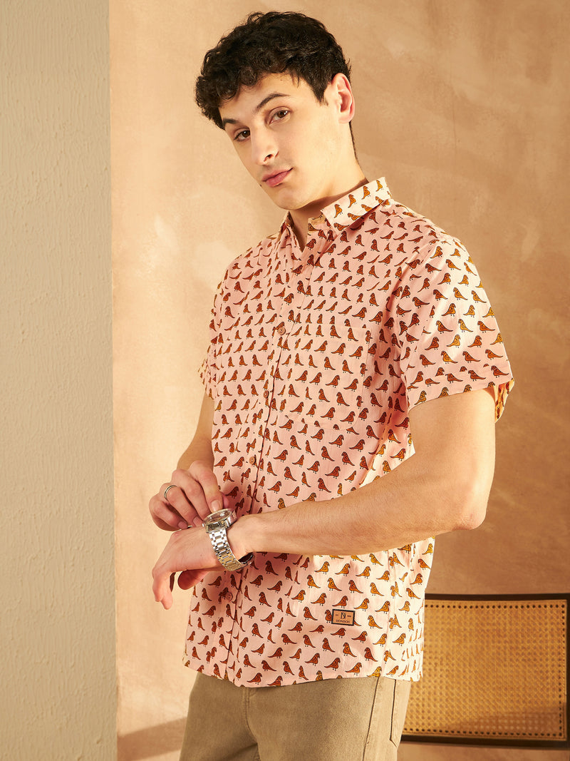 Peach: Half Sleeves Block Printed Shirt