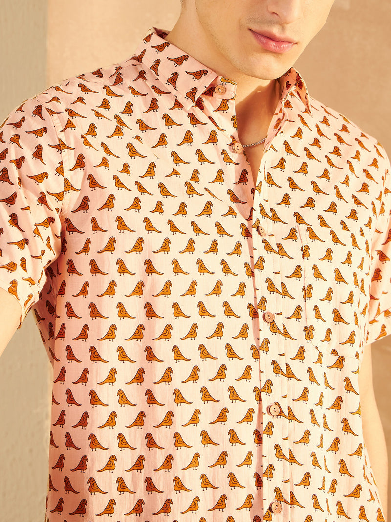 Peach: Half Sleeves Block Printed Shirt