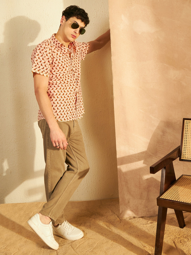 Peach: Half Sleeves Block Printed Shirt