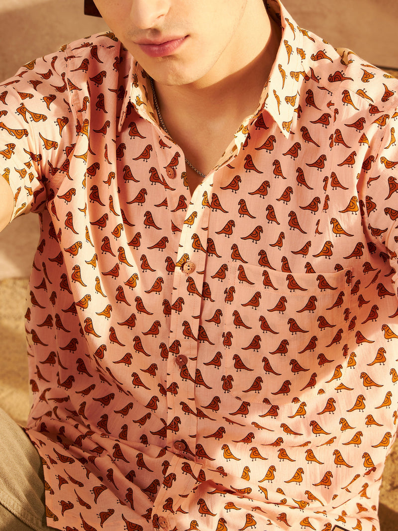 Peach: Half Sleeves Block Printed Shirt
