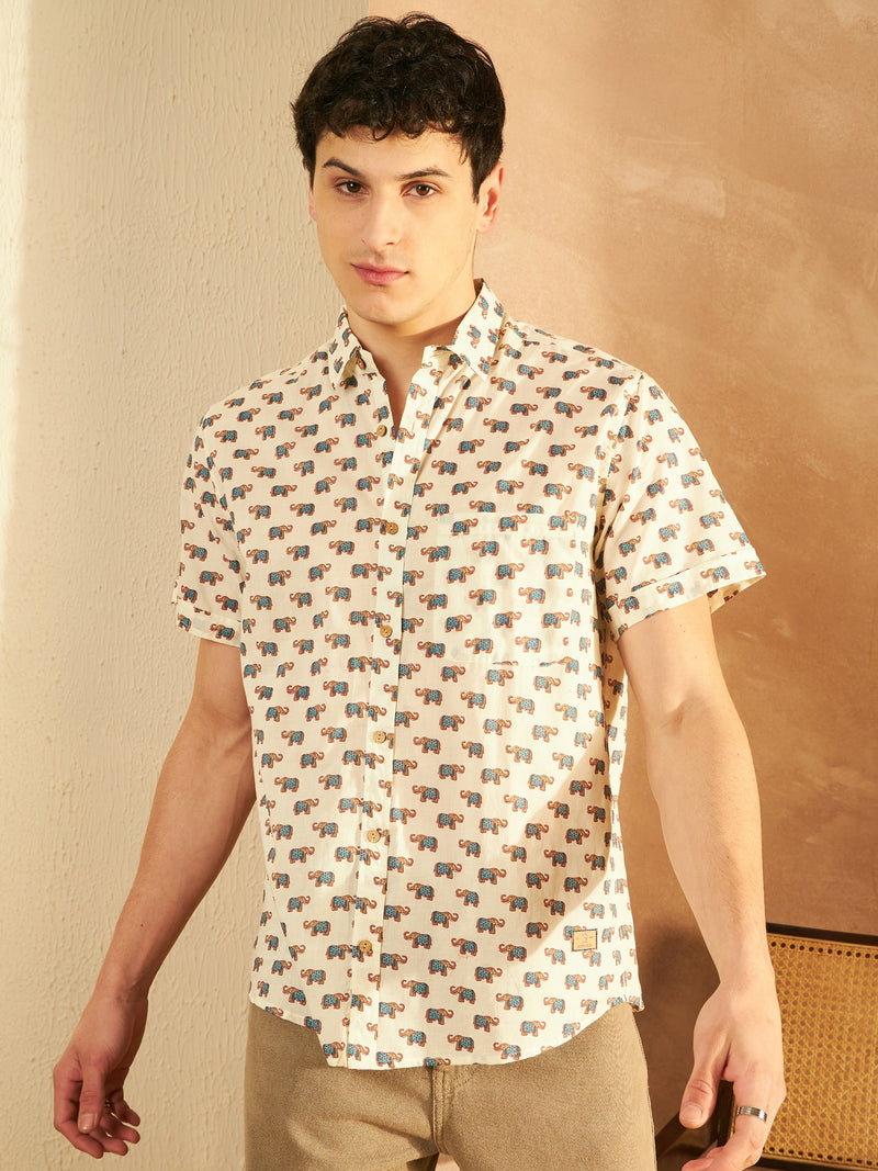Cream: Half Sleeves Block Printed Shirt