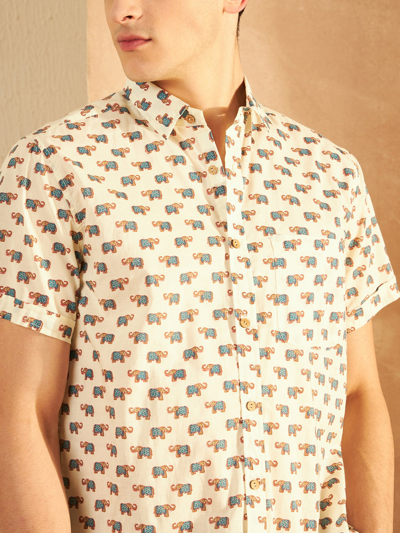 Cream: Half Sleeves Block Printed Shirt