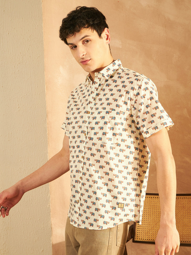 Cream: Half Sleeves Block Printed Shirt