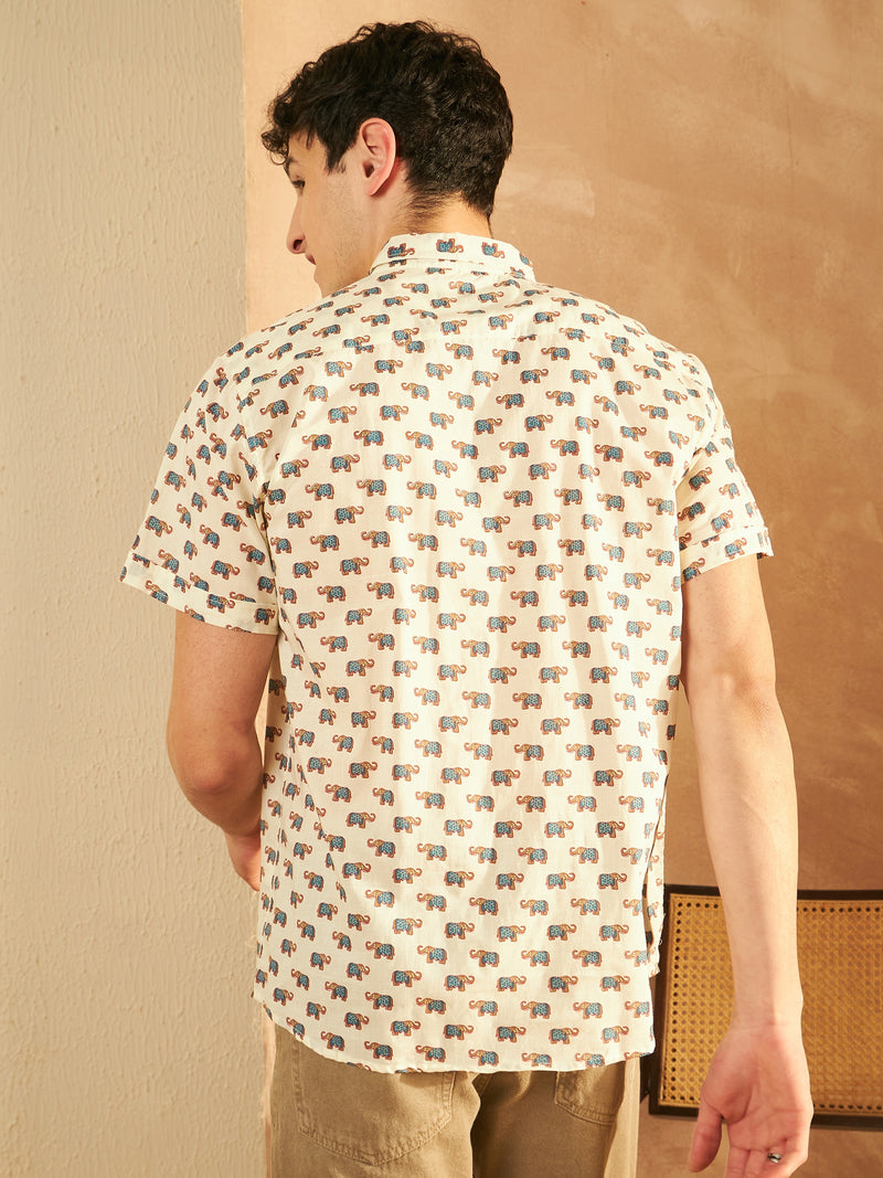 Cream: Half Sleeves Block Printed Shirt