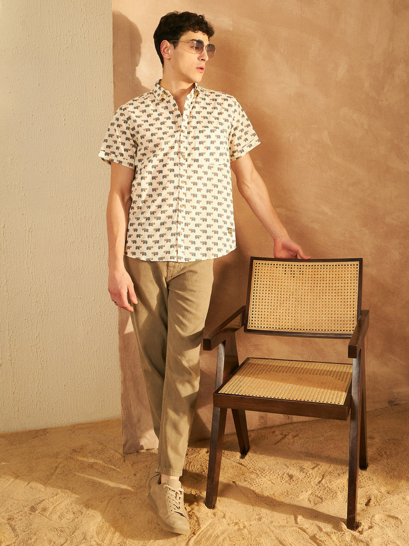 Cream: Half Sleeves Block Printed Shirt