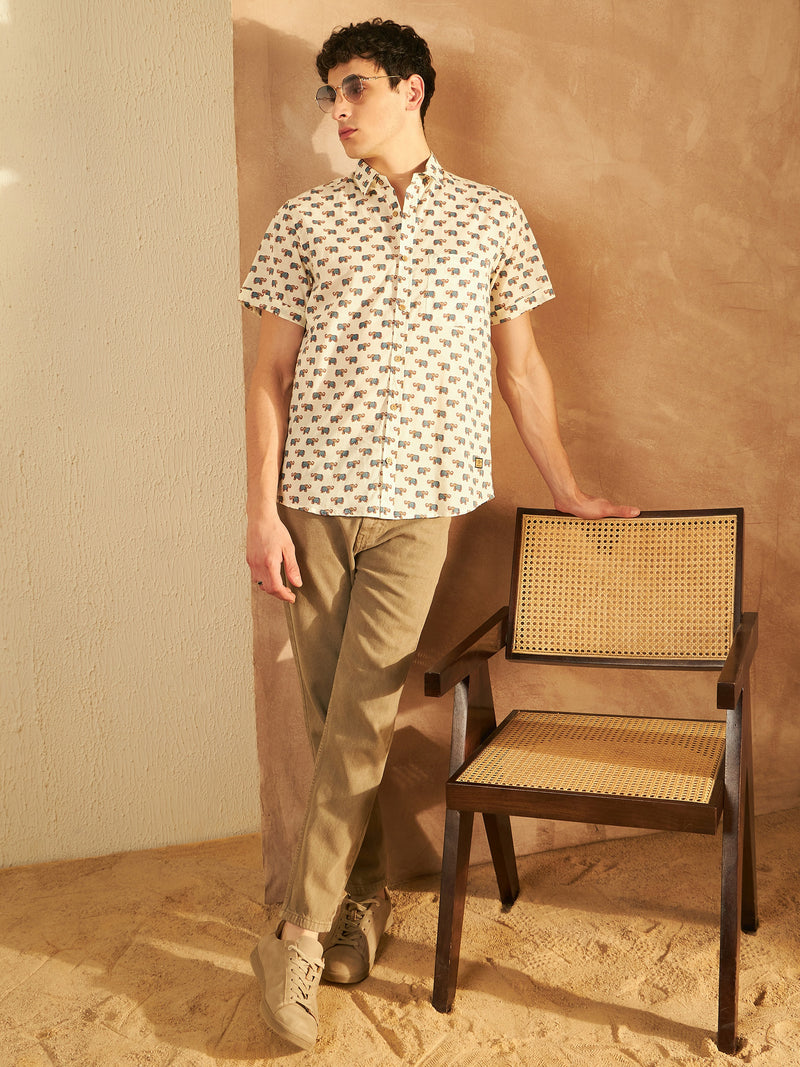 Cream: Half Sleeves Block Printed Shirt