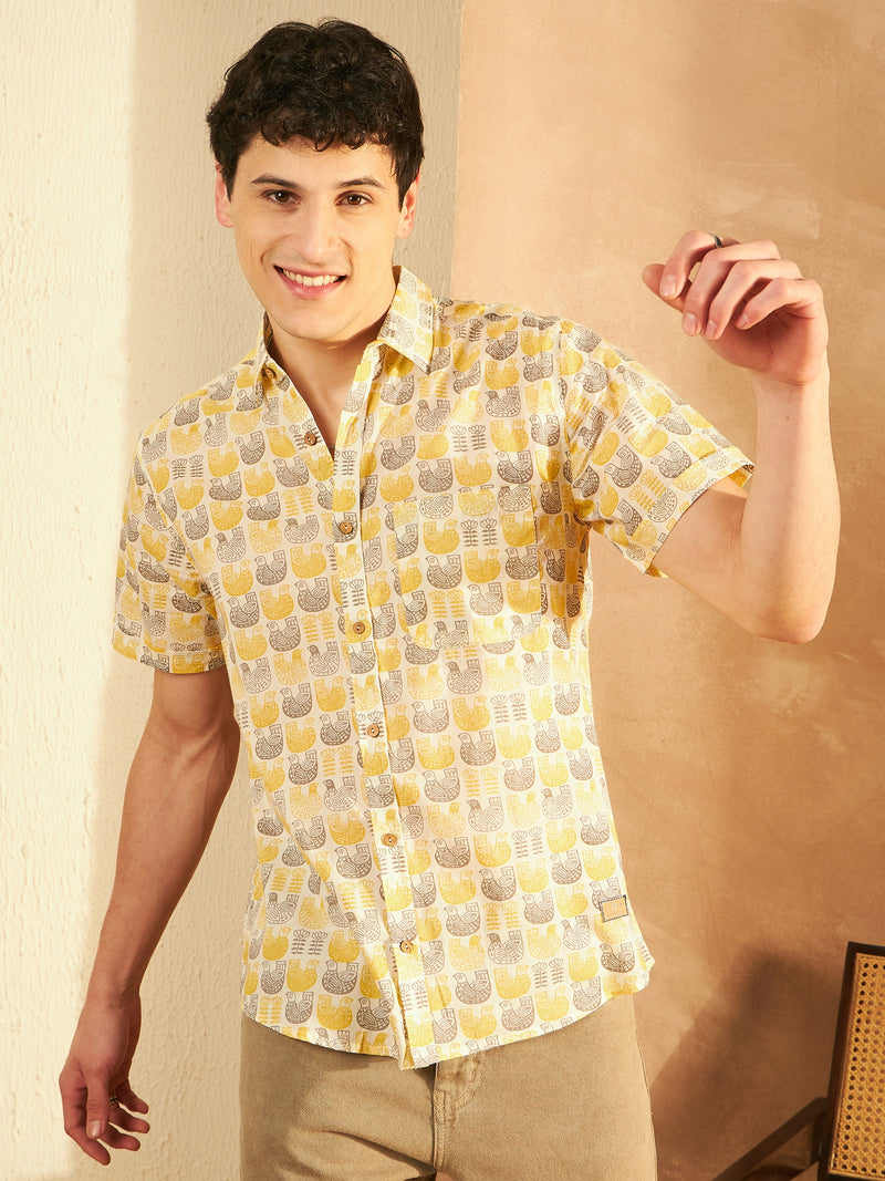Off White & Yellow: Half Sleeves Block Printed Shirts