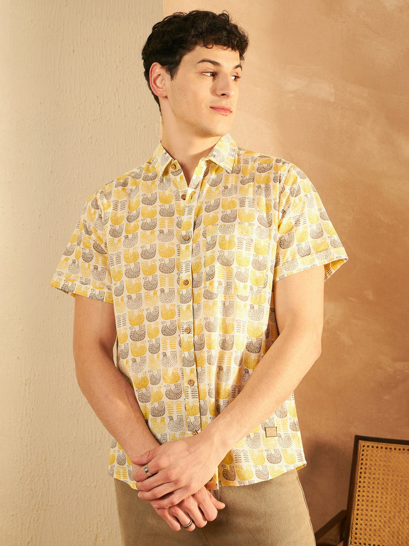 Off White & Yellow: Half Sleeves Block Printed Shirts