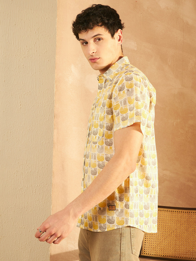 Off White & Yellow: Half Sleeves Block Printed Shirts