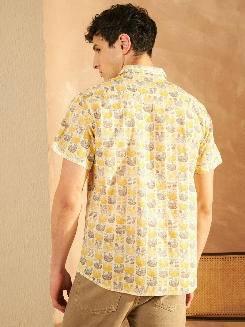 Off White & Yellow: Half Sleeves Block Printed Shirts