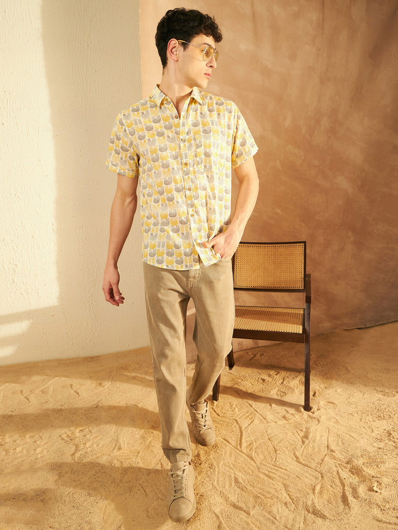 Off White & Yellow: Half Sleeves Block Printed Shirts