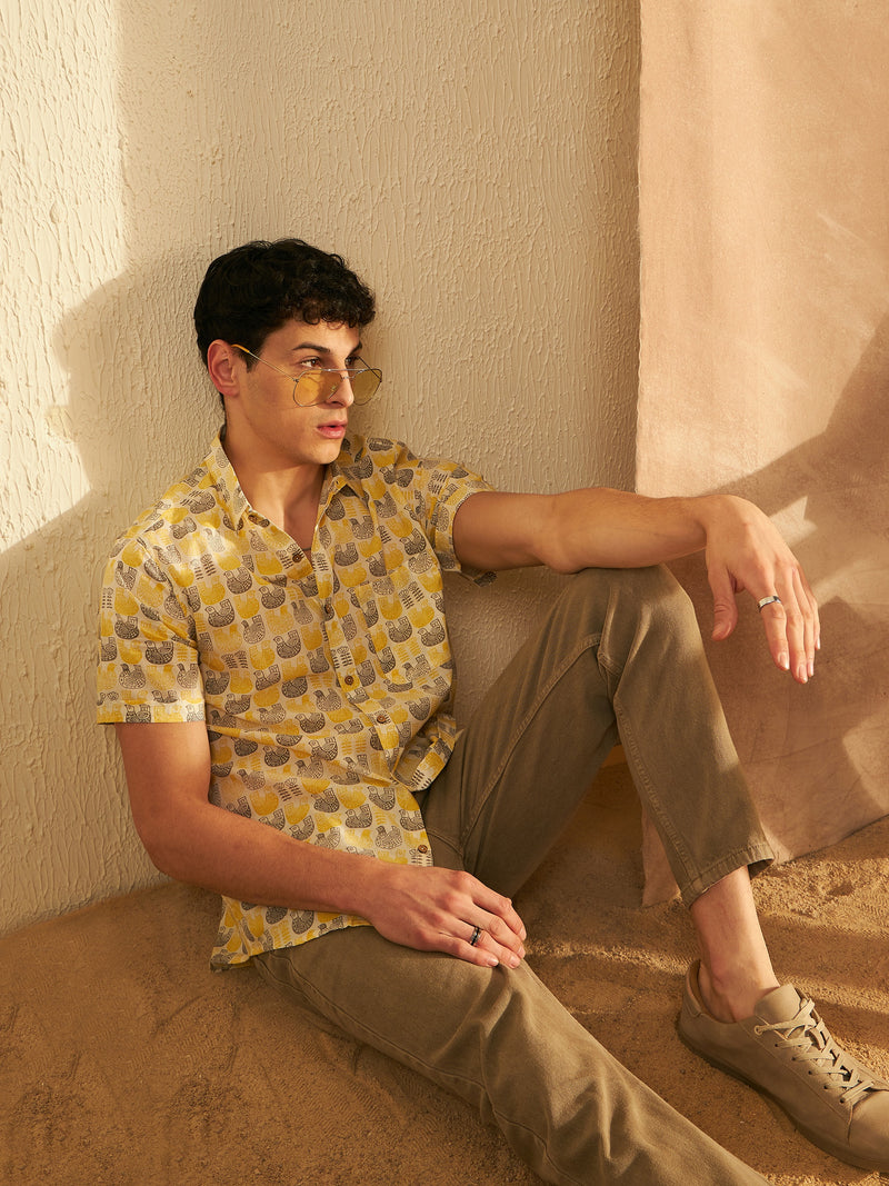Off White & Yellow: Half Sleeves Block Printed Shirts