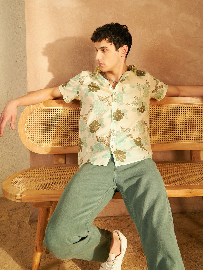 Cream: Half Sleeves Block Printed Cotton Shirt