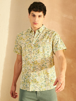 Cream & Green: Half Sleeves Block Printed Shirt