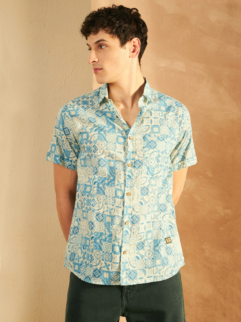 Cream & Blue: Half Sleeves Block Printed Shirt
