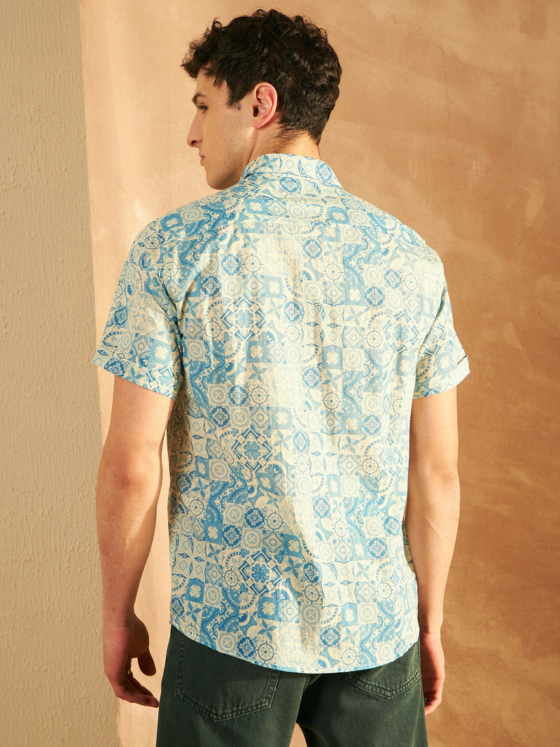 Cream & Blue: Half Sleeves Block Printed Shirt
