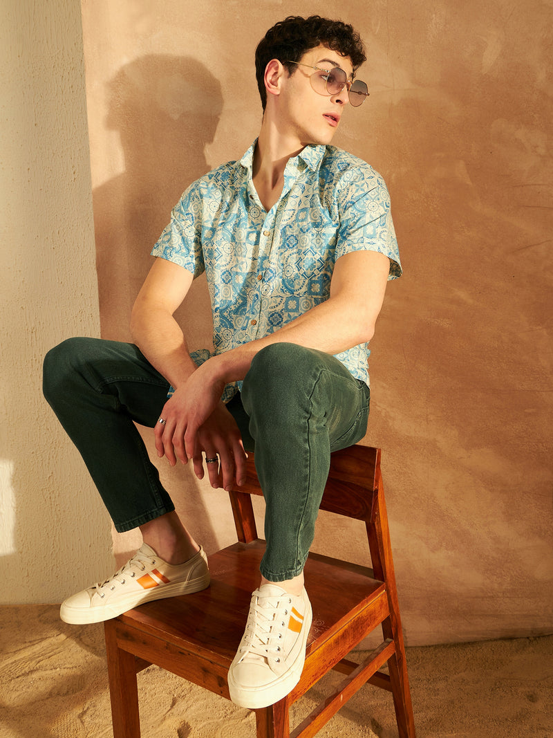 Cream & Blue: Half Sleeves Block Printed Shirt
