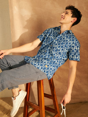 Blue: Half Sleeves Lightweight Block Printed Shirt