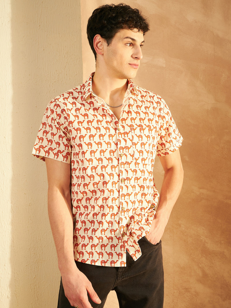 Cream & Red: Half Sleeves Block Printed Shirt