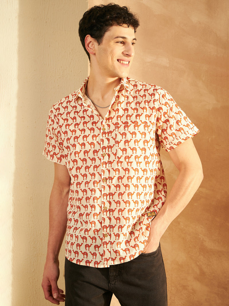 Cream & Red: Half Sleeves Block Printed Shirt