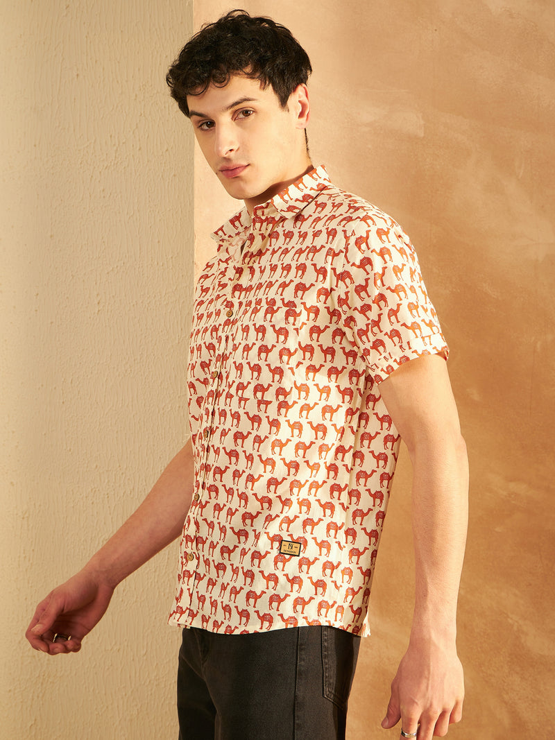 Cream & Red: Half Sleeves Block Printed Shirt