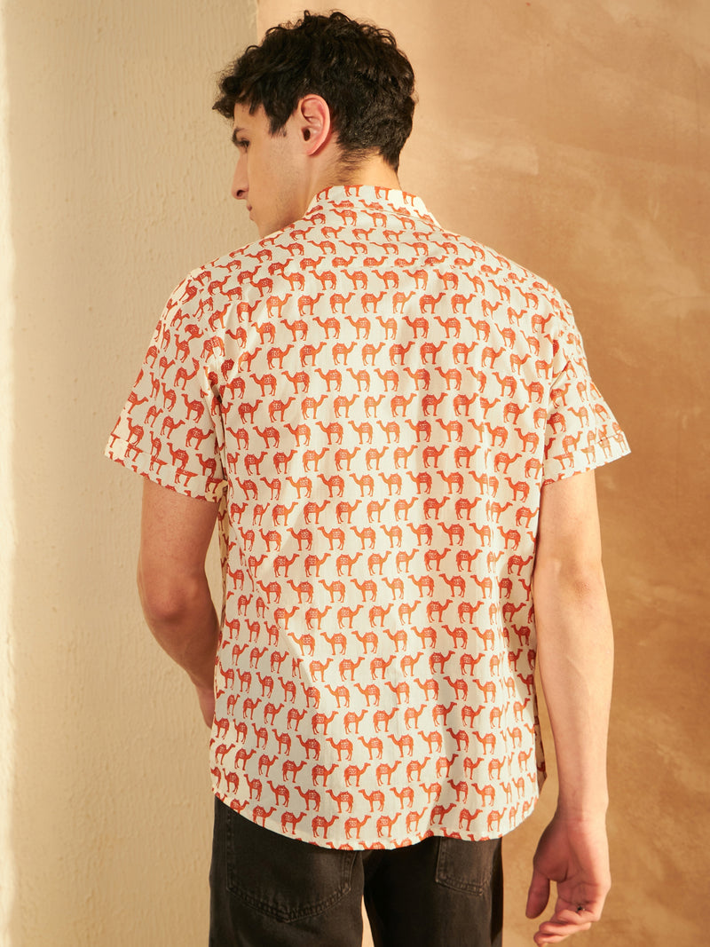 Cream & Red: Half Sleeves Block Printed Shirt