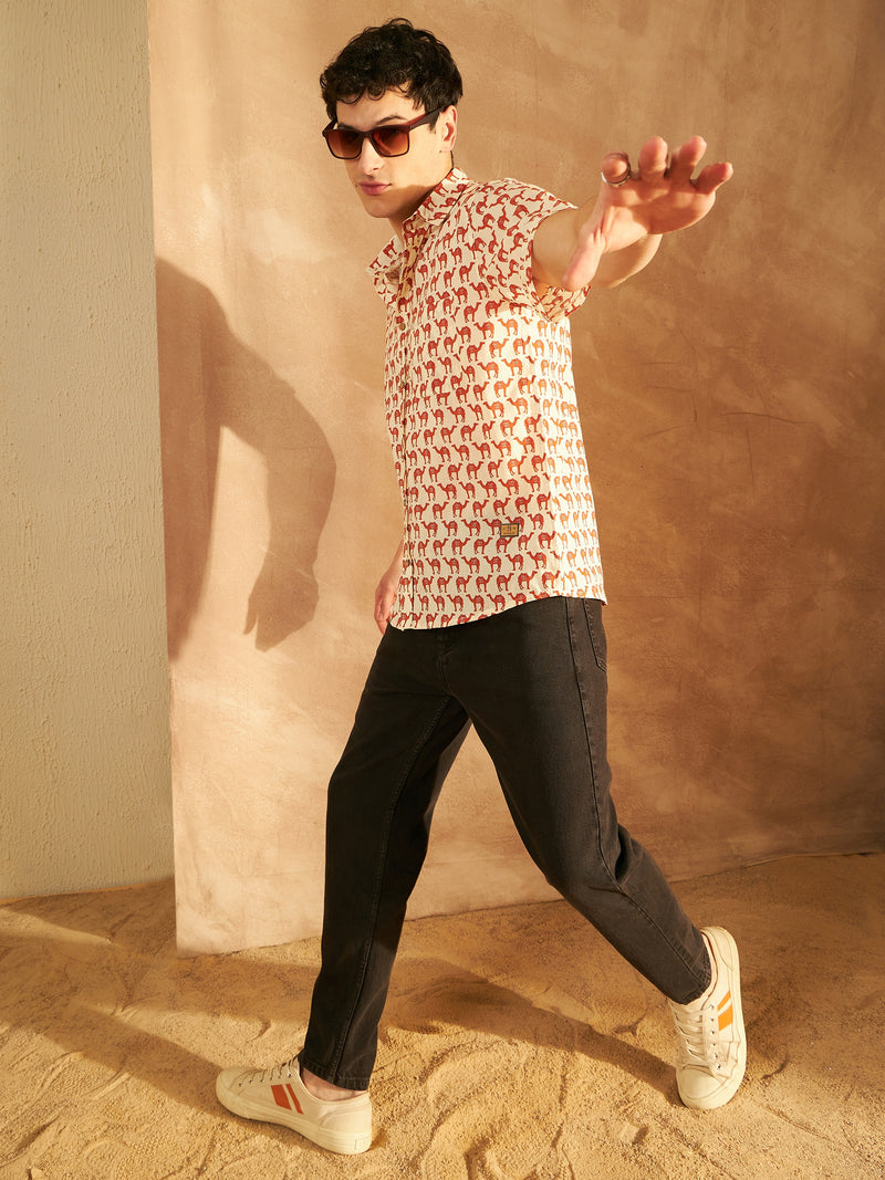 Cream & Red: Half Sleeves Block Printed Shirt