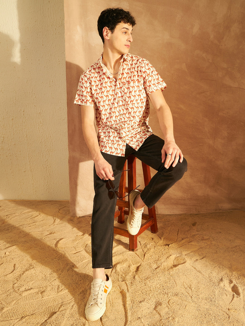 Cream & Red: Half Sleeves Block Printed Shirt