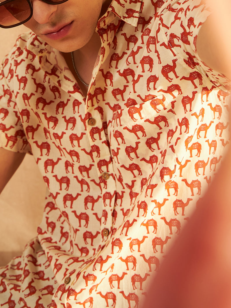 Cream & Red: Half Sleeves Block Printed Shirt